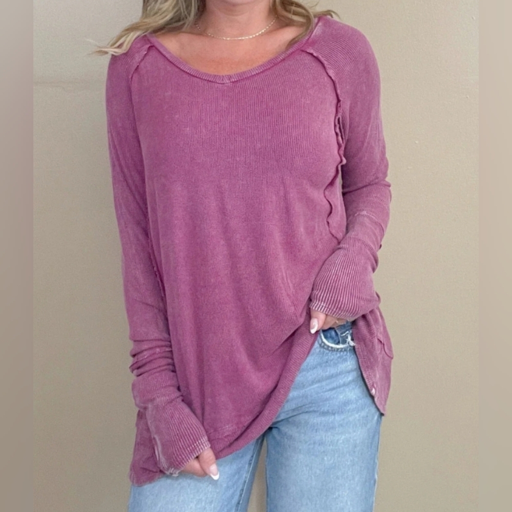 NWT Easel Women's Mineral Wash Burgundy Long Sleeve Ribbed Thermal Top Sz L